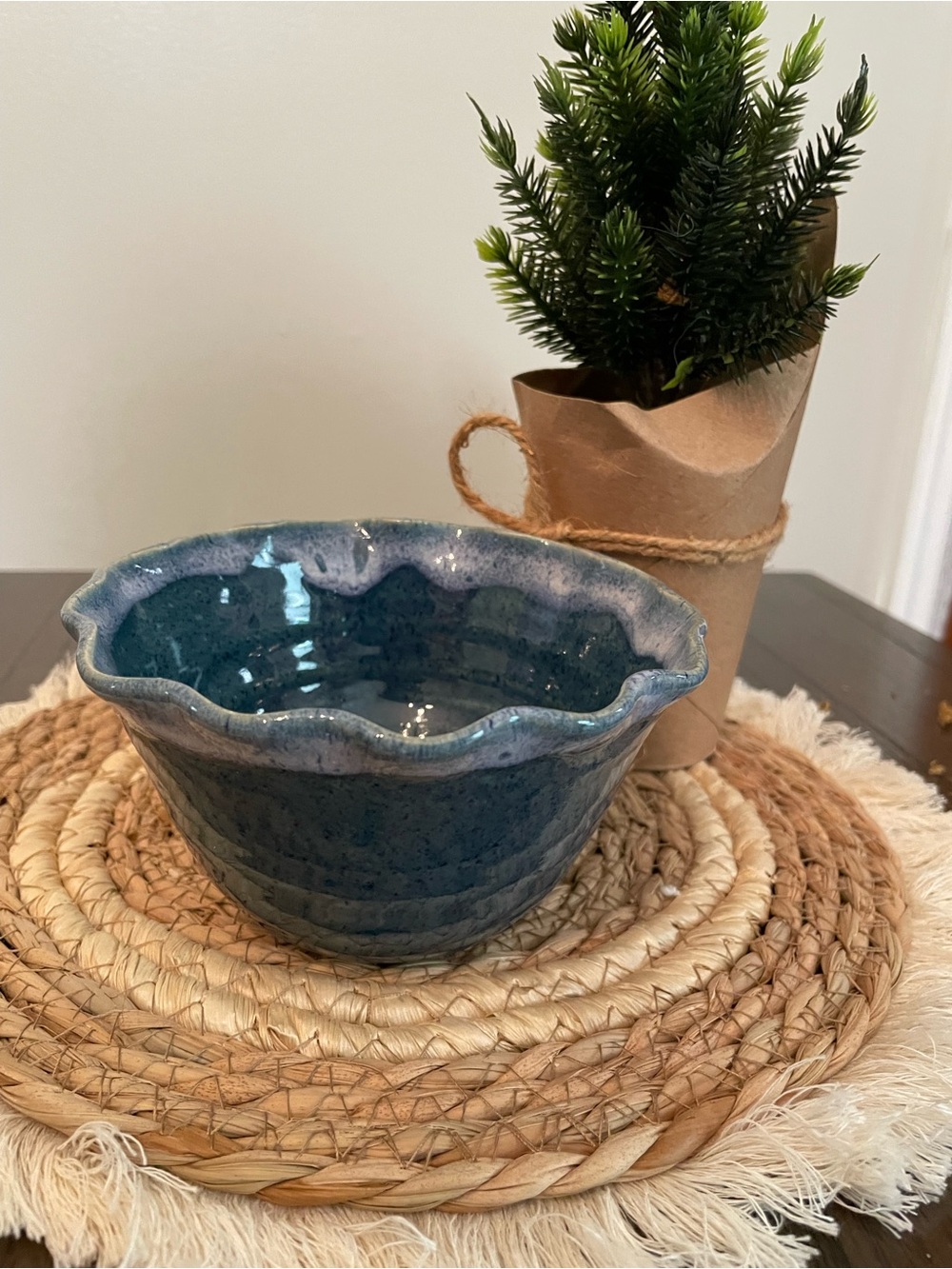 Glazed Ceramic Decorative Bowl in Deep Teal Blue
